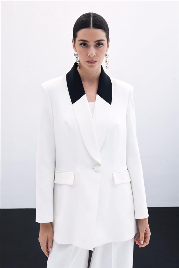 Kontrast Uzun Ceket - Ekru