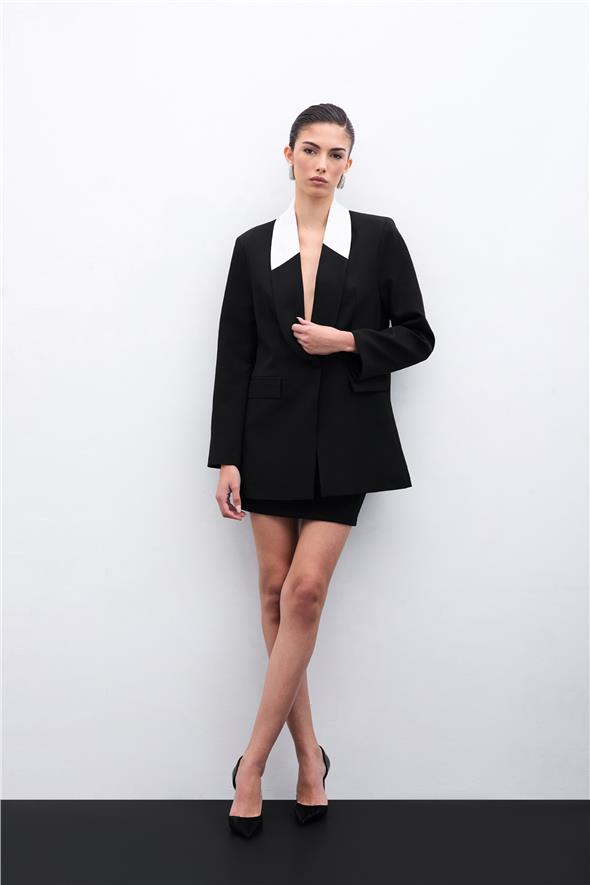 Kontrast Uzun Ceket - Siyah