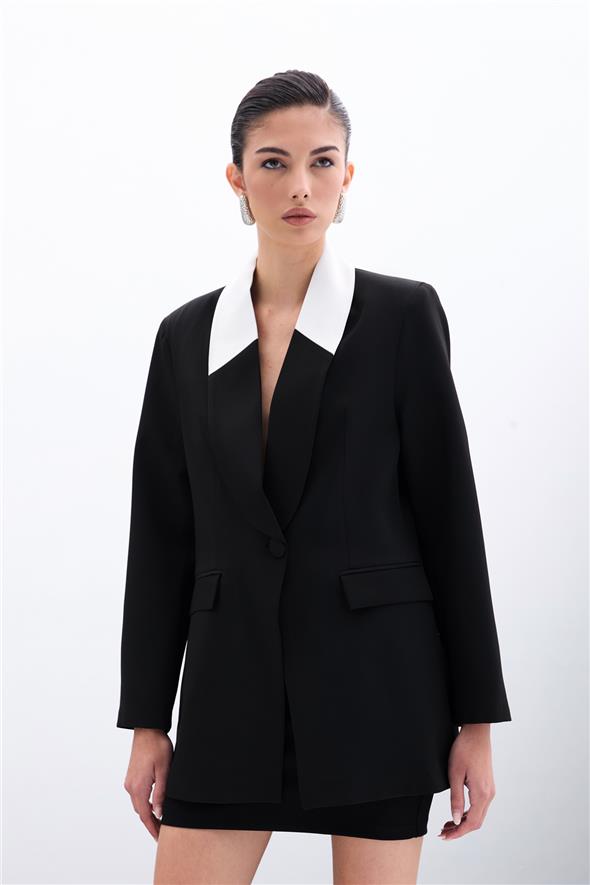 Kontrast Uzun Ceket - Siyah