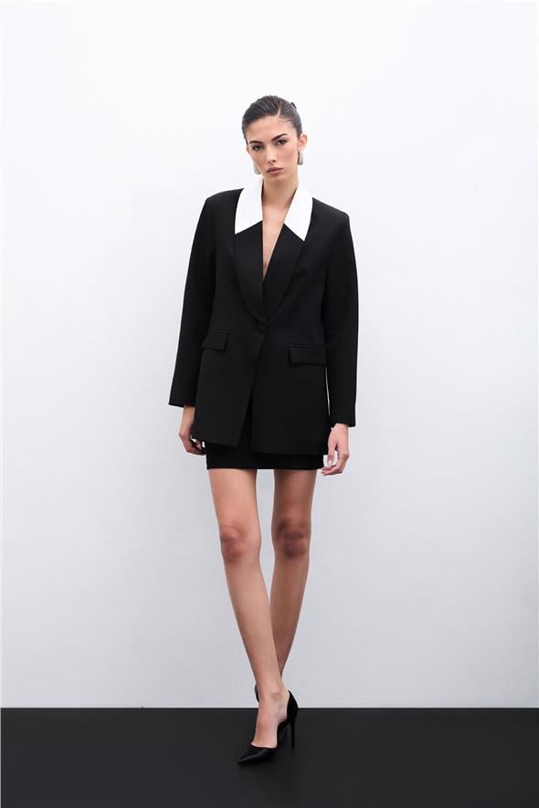 Kontrast Uzun Ceket - Siyah