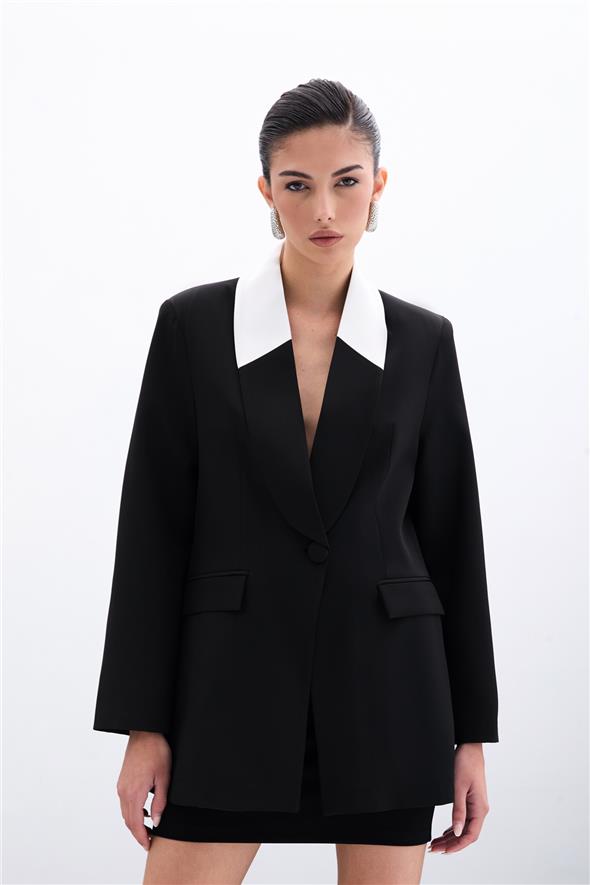 Kontrast Uzun Ceket - Siyah