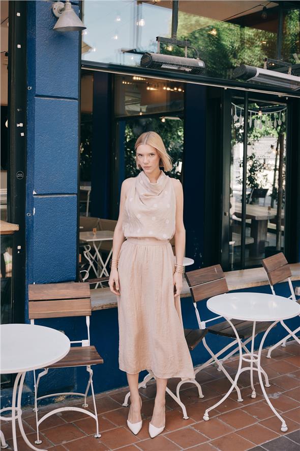 Kraşlı Kloş  Etek - Pudra