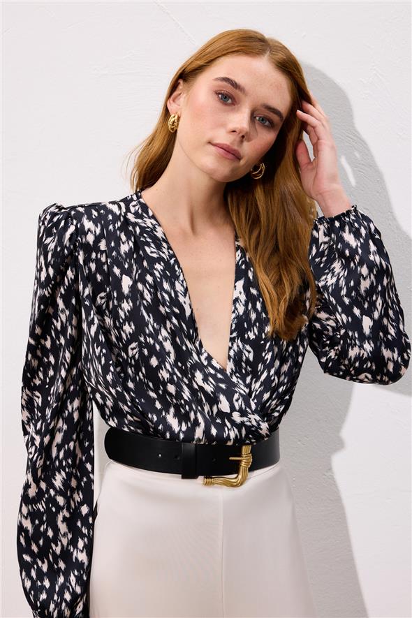 Kruvaze Bodysuit Bluz - Siyah