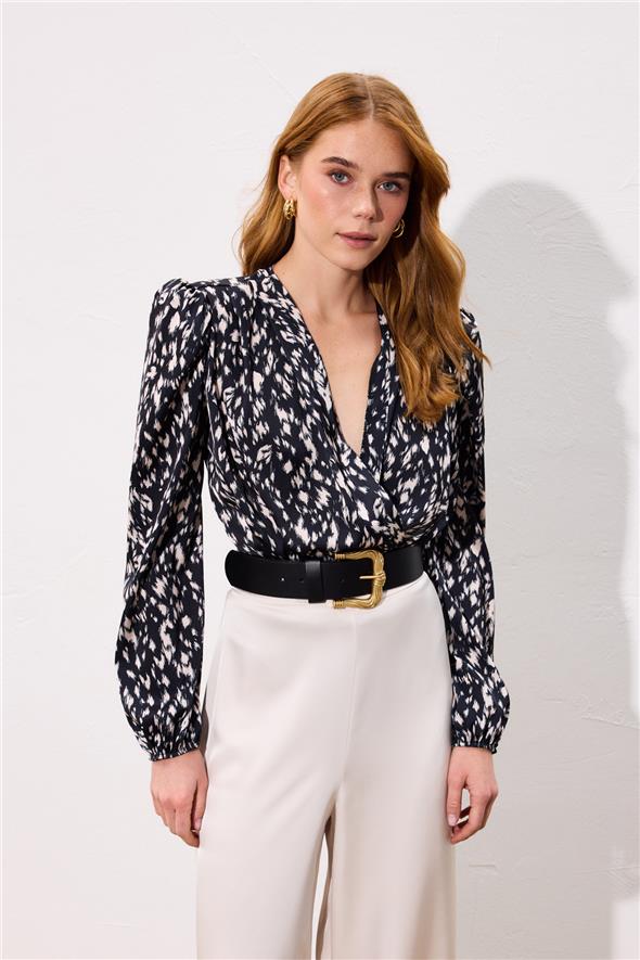 Kruvaze Bodysuit Bluz - Siyah