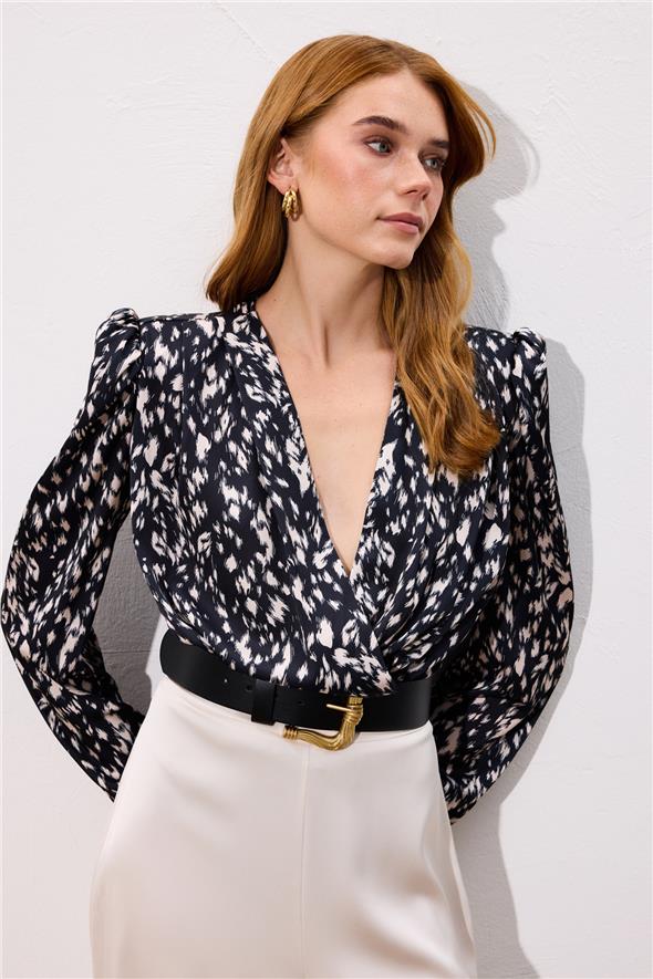 Kruvaze Bodysuit Bluz - Siyah