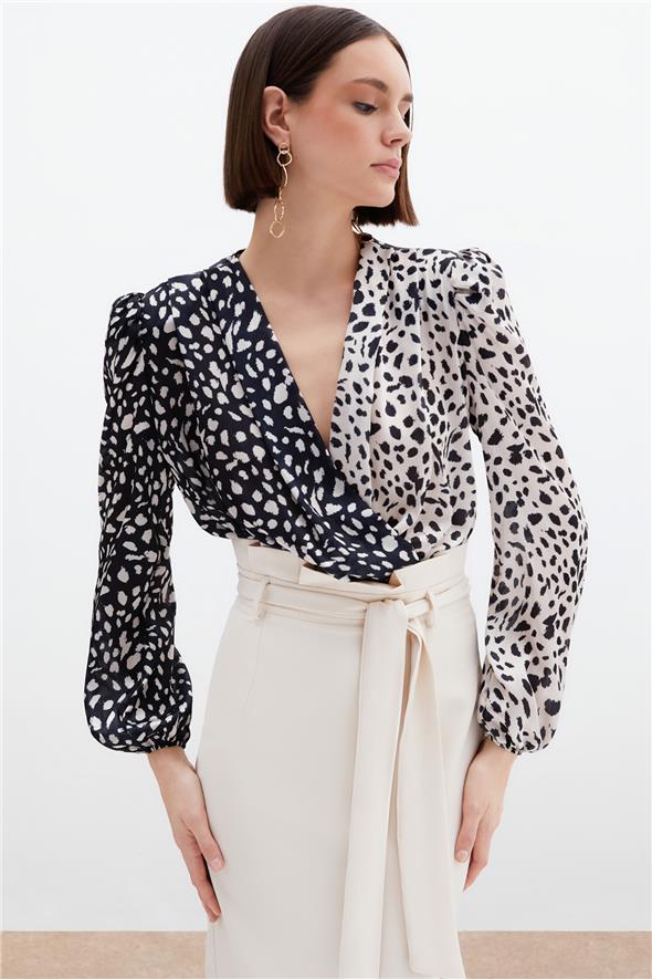 Kruvaze Desenli Bodysuit - Bej-Siyah