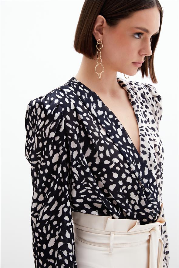 Kruvaze Desenli Bodysuit - Bej-Siyah