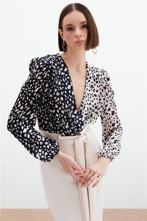 Kruvaze Desenli Bodysuit - Bej-Siyah