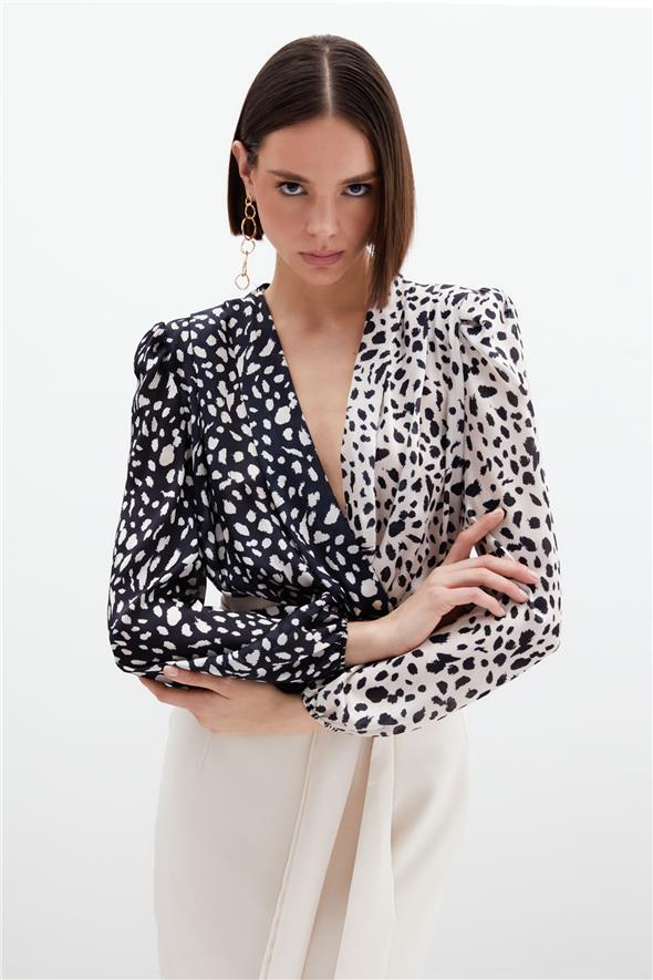 Kruvaze Desenli Bodysuit - Bej-Siyah