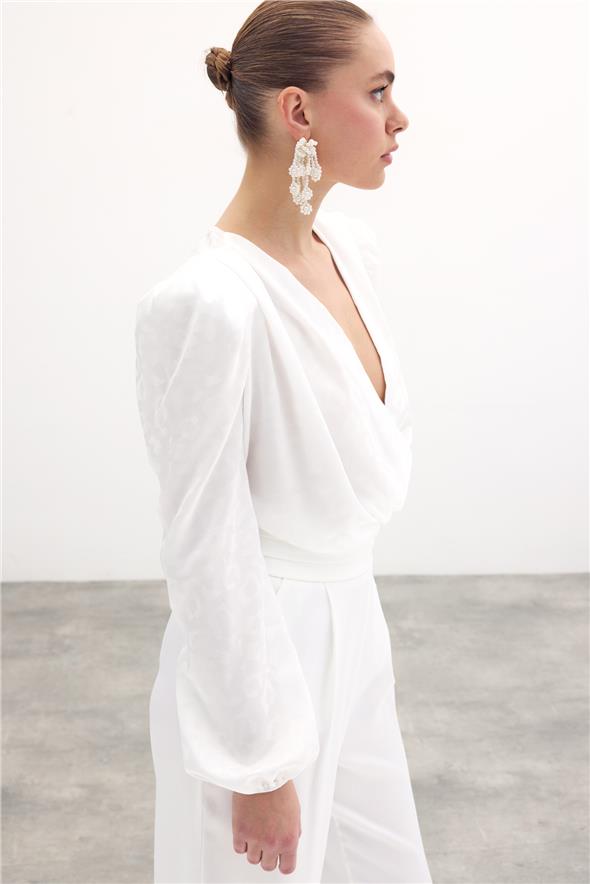 Kruvaze Desenli Bodysuit Bluz - Ekru