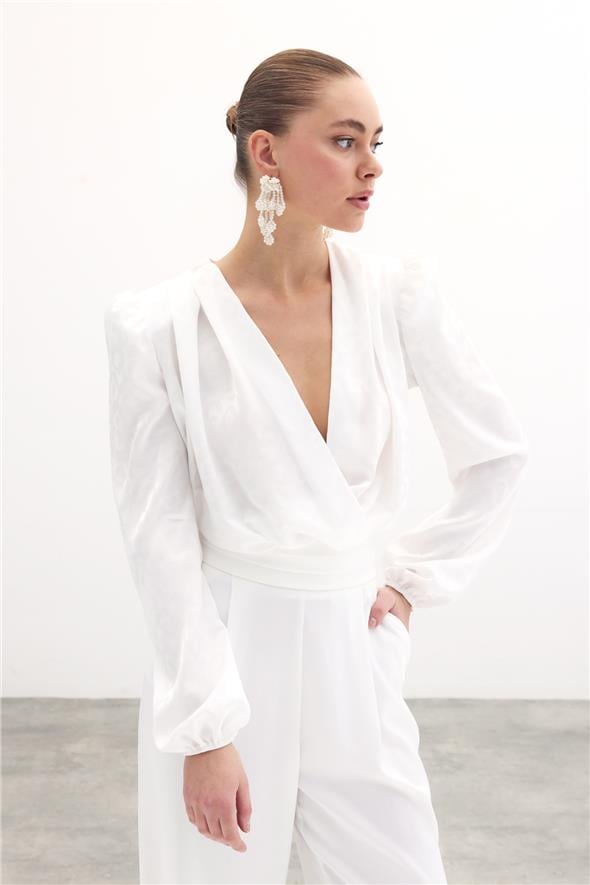 Kruvaze Desenli Bodysuit Bluz - Ekru