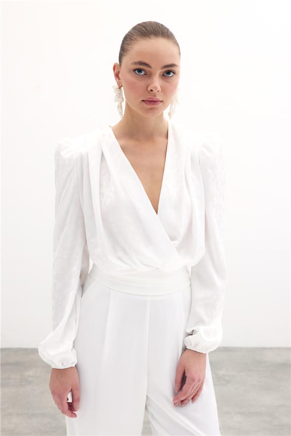 Kruvaze Desenli Bodysuit Bluz - Ekru