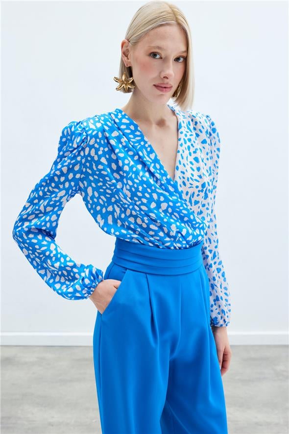 Kruvaze Desenli Bodysuit - Ekru-Lacivert
