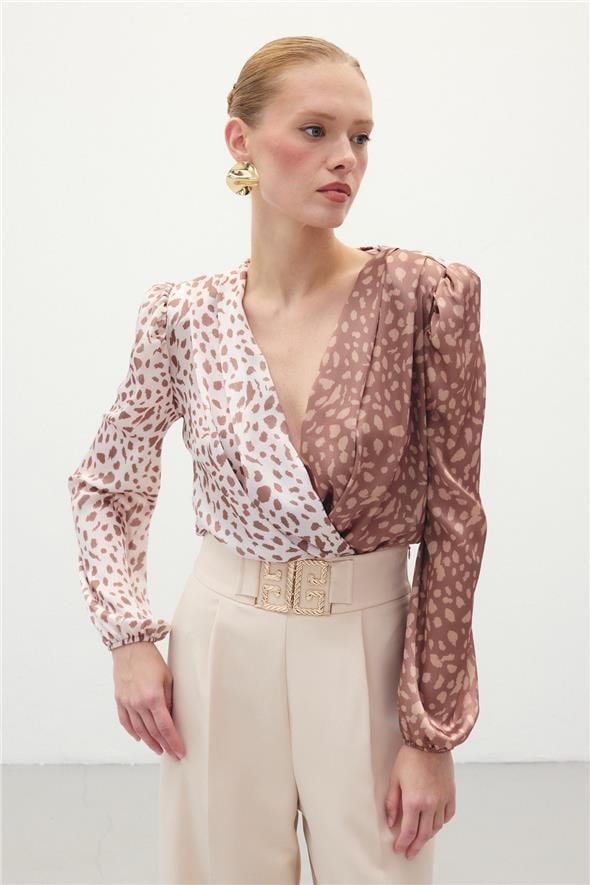 Kruvaze Desenli Bodysuit - Kahve-Bej