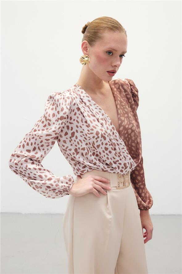 Kruvaze Desenli Bodysuit - Kahve-Bej