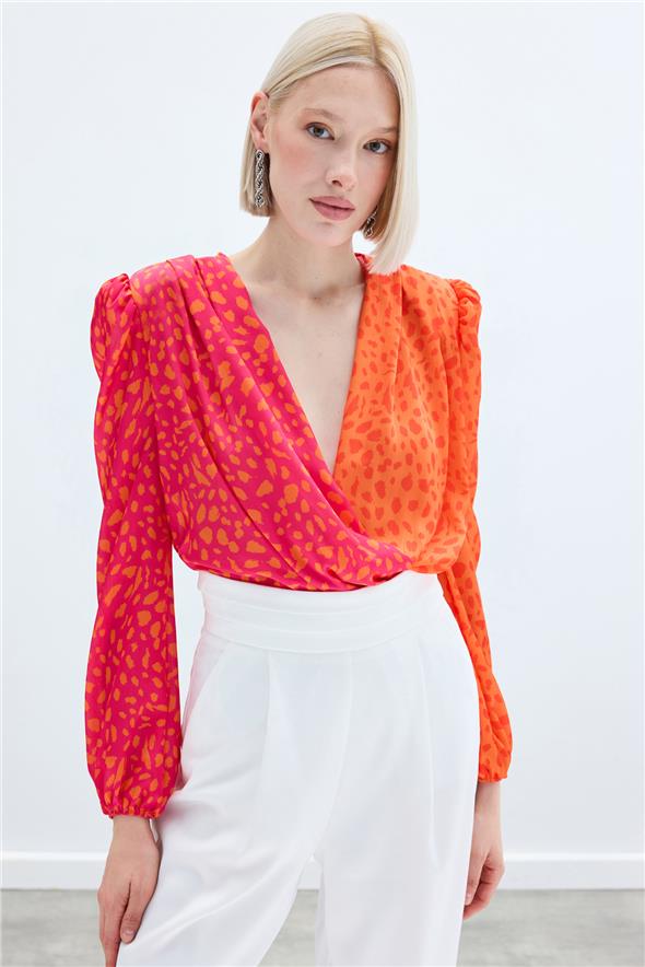 Kruvaze Desenli Bodysuit - Oranj-Fuşya