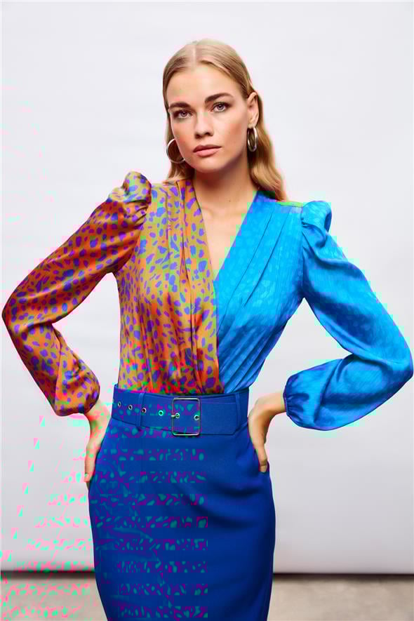 Kruvaze Desenli Bodysuit - Oranj-Sax Mavi