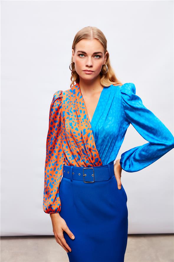 Kruvaze Desenli Bodysuit - Oranj-Sax Mavi