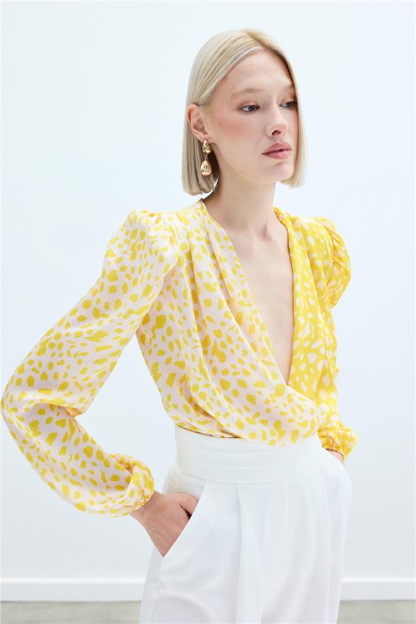 Kruvaze Desenli Bodysuit - Sarı-Ekru