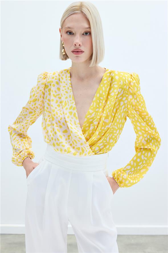 Kruvaze Desenli Bodysuit - Sarı-Ekru