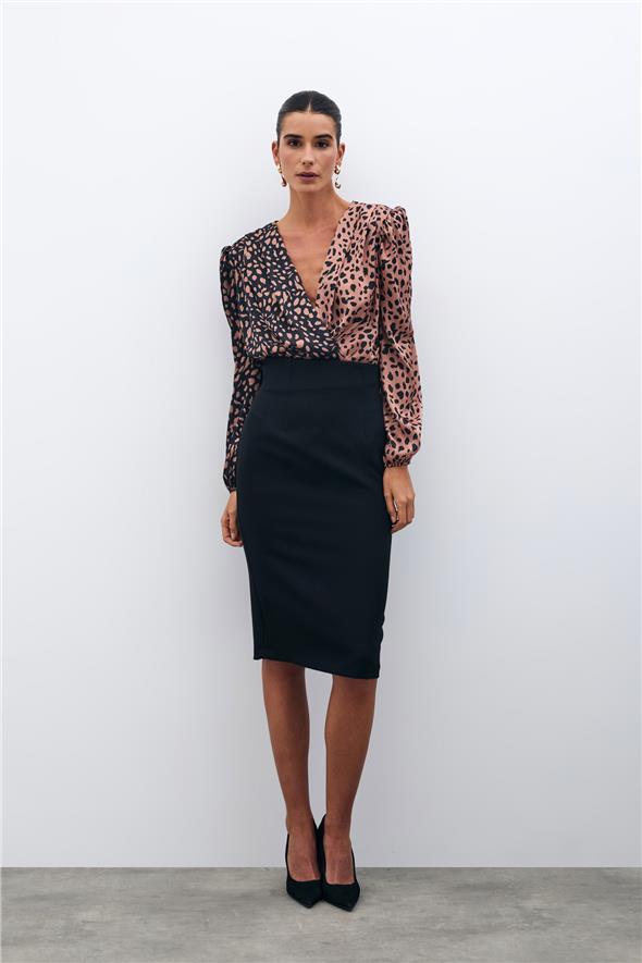 Kruvaze Desenli Bodysuit - Siyah-Camel