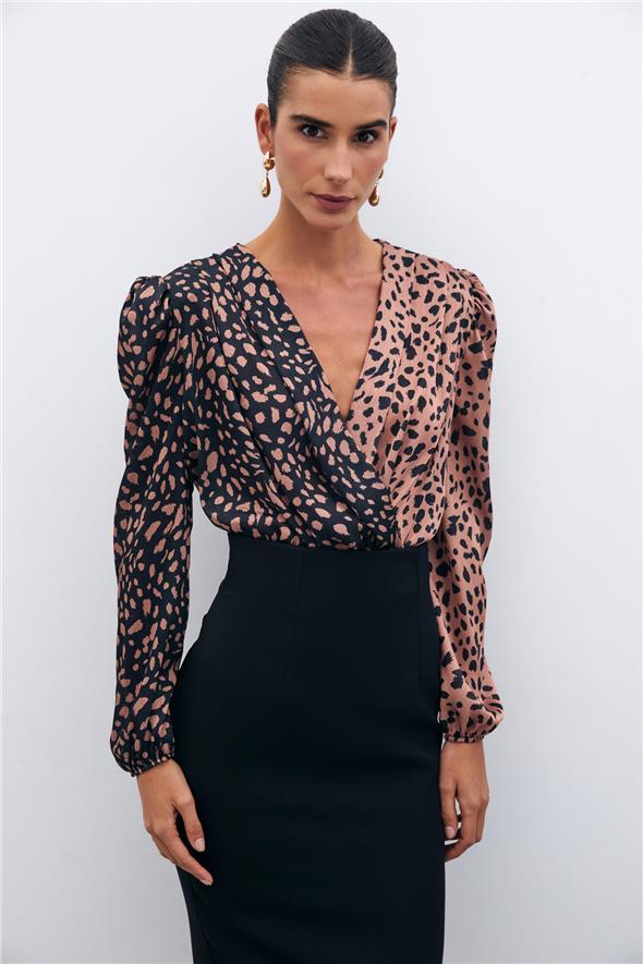 Kruvaze Desenli Bodysuit - Siyah-Camel