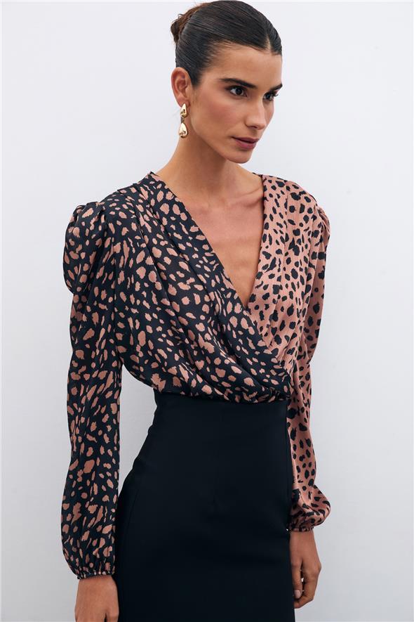 Kruvaze Desenli Bodysuit - Siyah-Camel