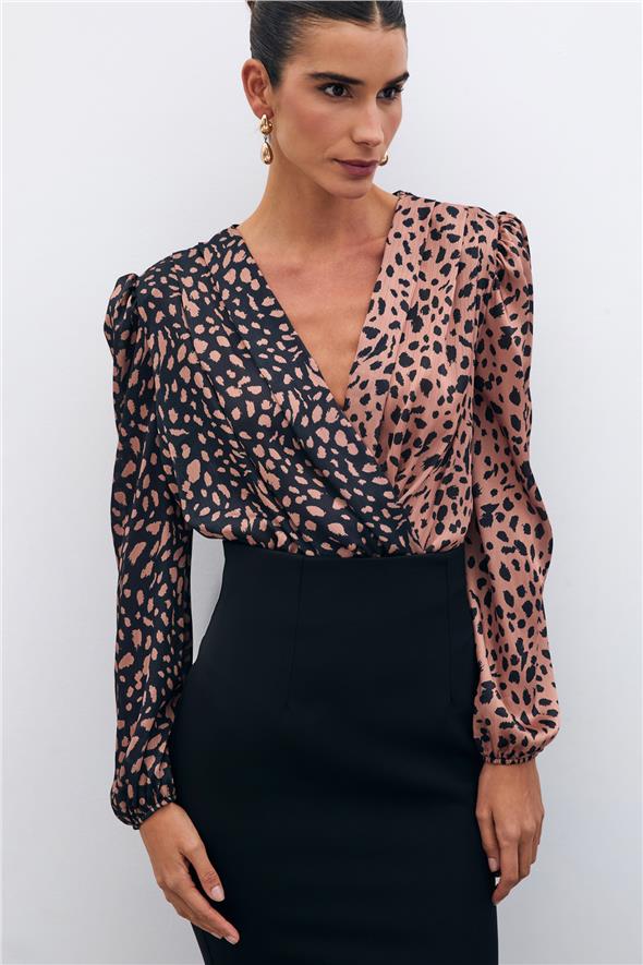 Kruvaze Desenli Bodysuit - Siyah-Camel