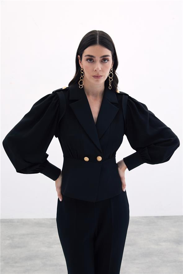 Kruvaze Kısa Ceket - Siyah