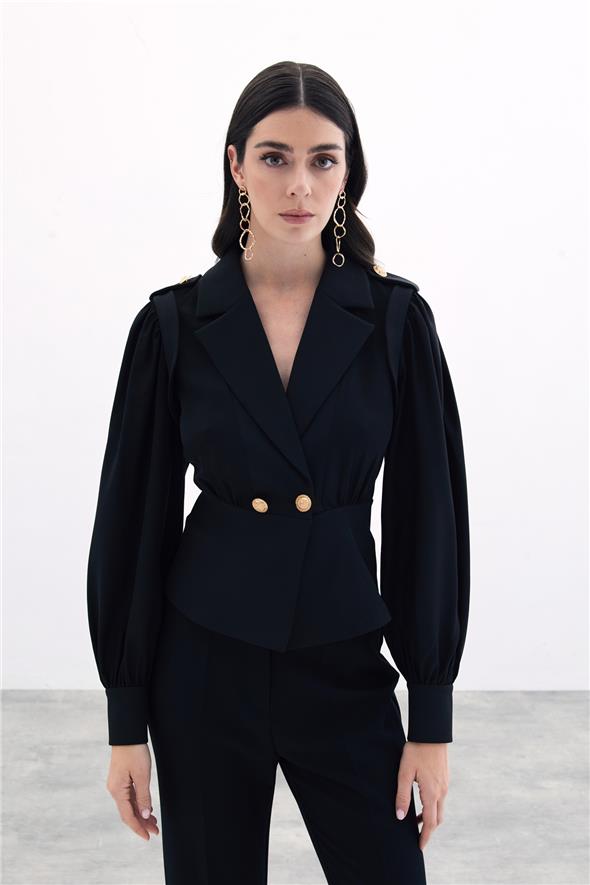 Kruvaze Kısa Ceket - Siyah