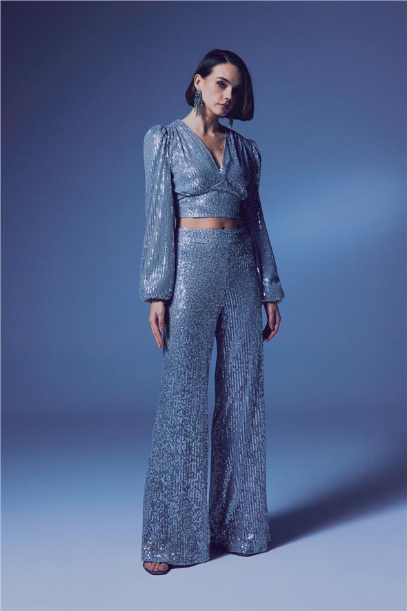 Kruvaze Payetli Crop Bluz - Gümüş