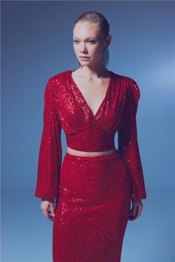 Kruvaze Payetli Crop Bluz - Kırmızı