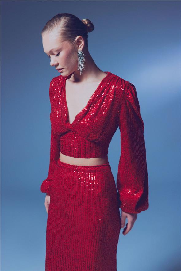 Kruvaze Payetli Crop Bluz - Kırmızı