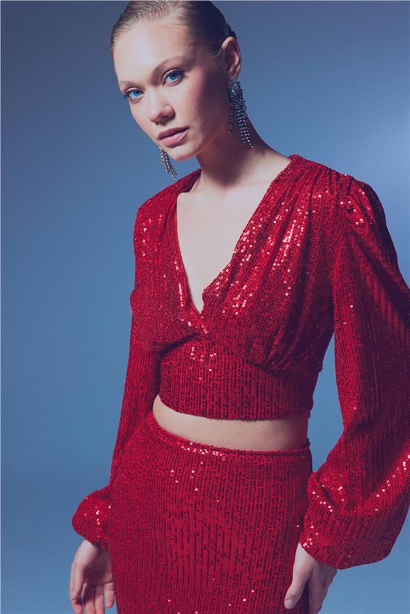 Kruvaze Payetli Crop Bluz - Kırmızı