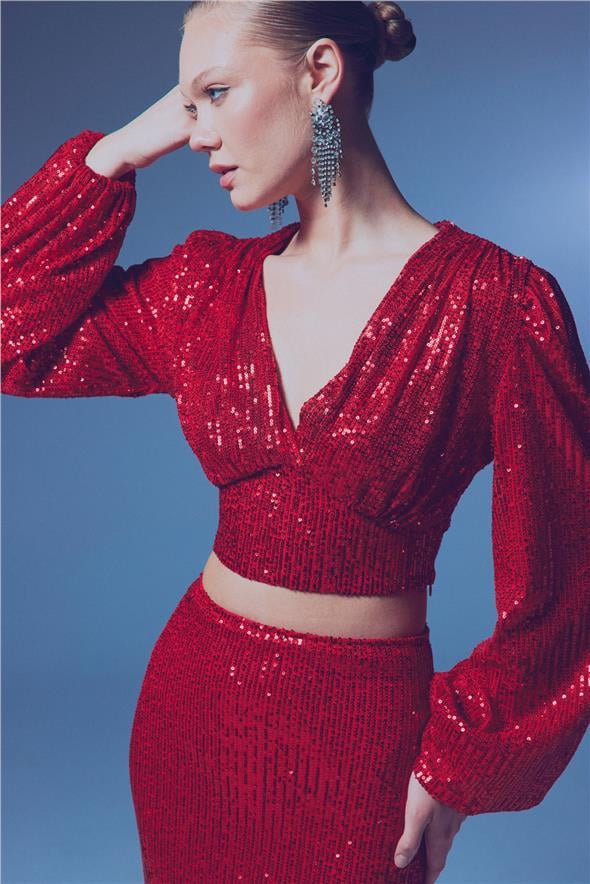 Kruvaze Payetli Crop Bluz - Kırmızı