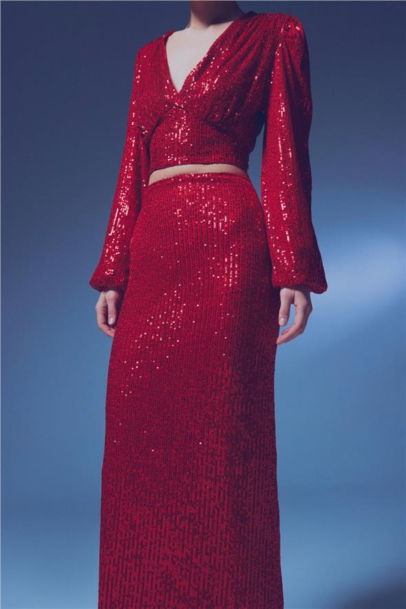 Kruvaze Payetli Crop Bluz - Kırmızı