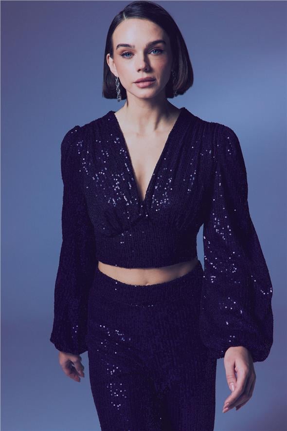 Kruvaze Payetli Crop Bluz - Lacivert