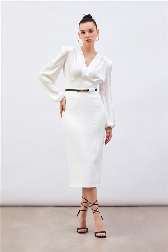 Kruvaze Saten Bluz - Ekru