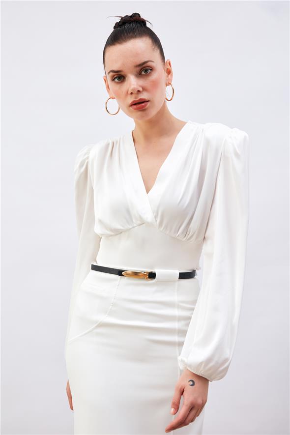 Kruvaze Saten Bluz - Ekru