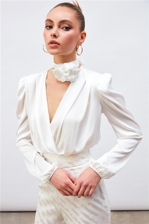 Kruvaze Saten Bodysuit Bluz - Ekru