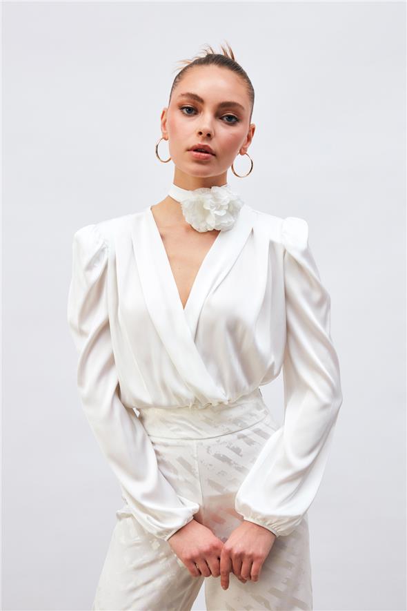 Kruvaze Saten Bodysuit Bluz - Ekru