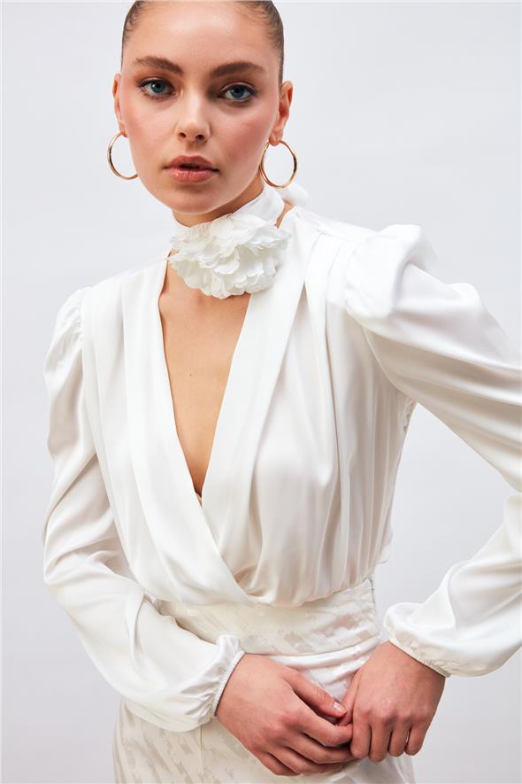 Kruvaze Saten Bodysuit Bluz - Ekru