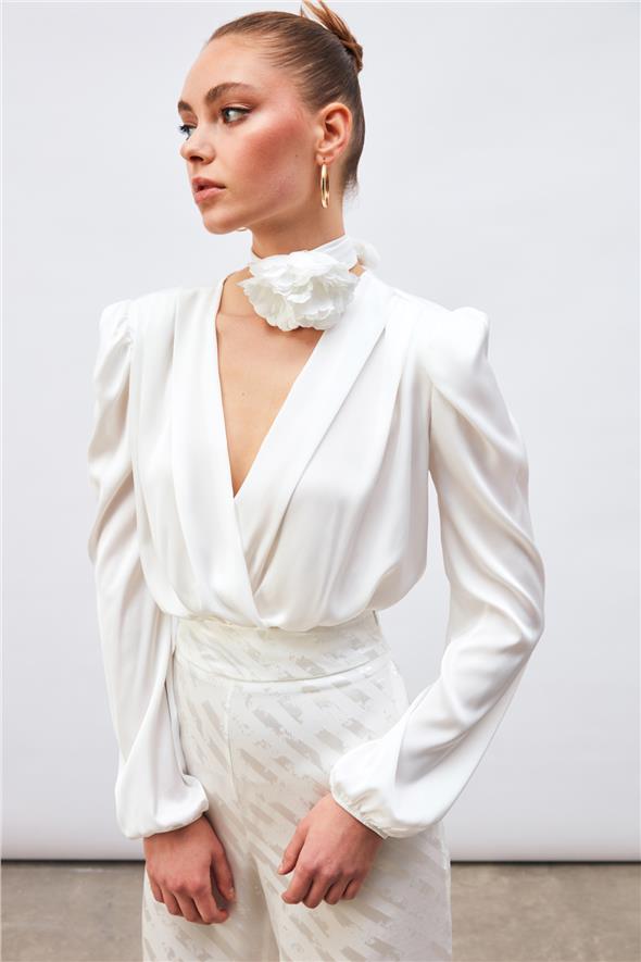 Kruvaze Saten Bodysuit Bluz - Ekru