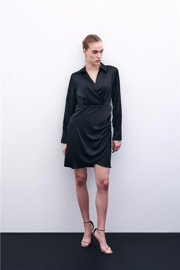 Kruvaze Saten Elbise - Siyah
