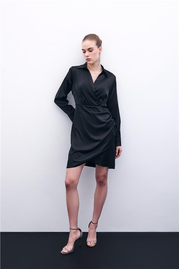 Kruvaze Saten Elbise - Siyah
