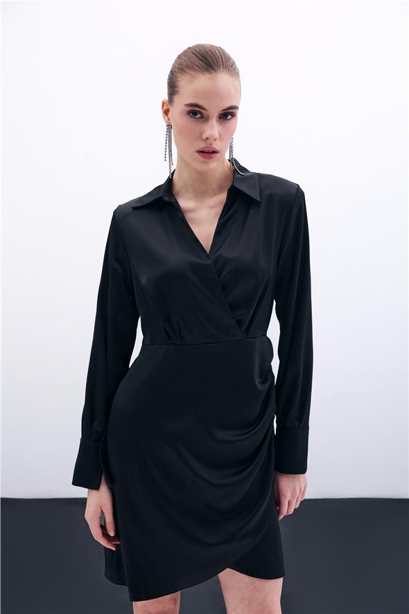 Kruvaze Saten Elbise - Siyah