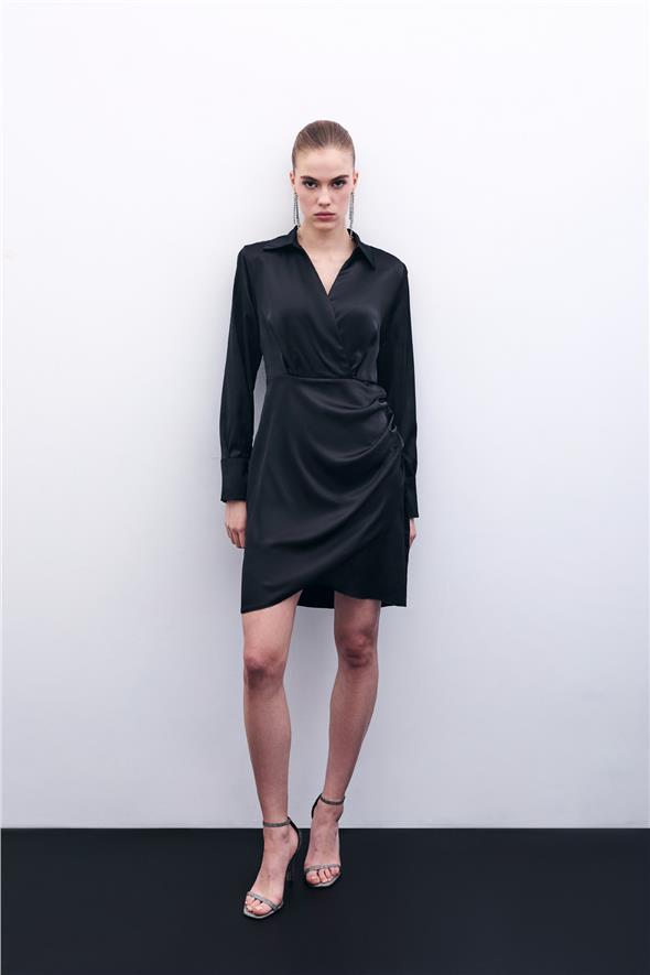 Kruvaze Saten Elbise - Siyah