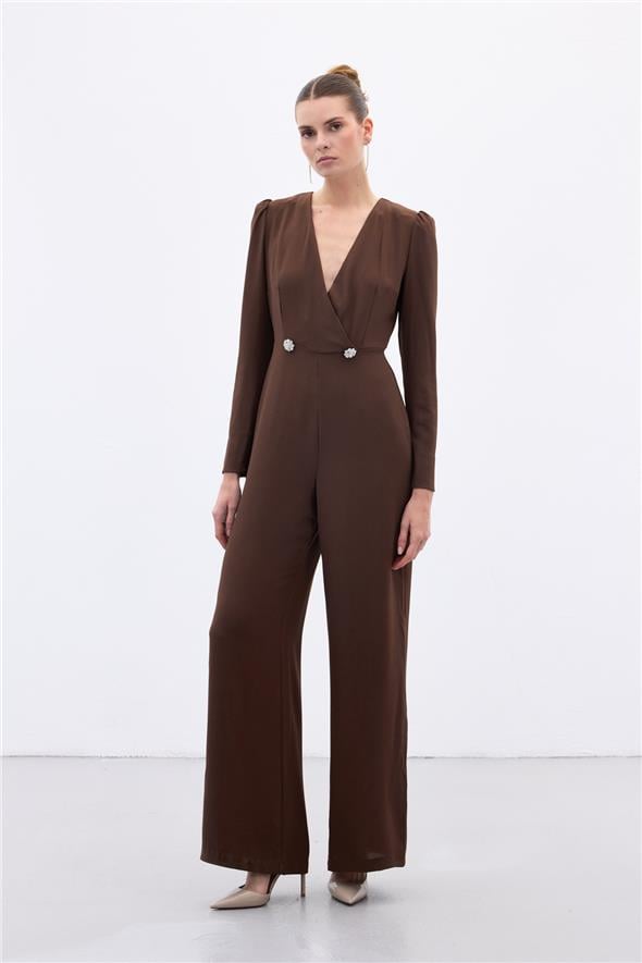 Kruvaze Süs Taşlı Krep Tulum - Kahve