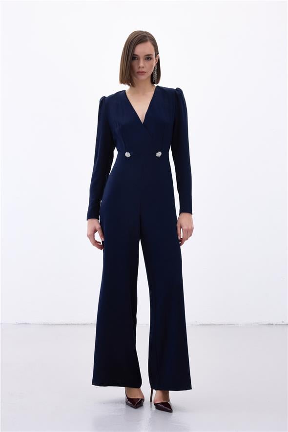 Kruvaze Süs Taşlı Krep Tulum - LACİVERT