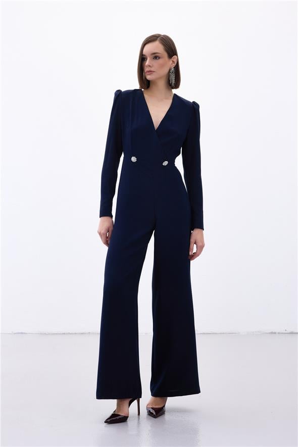 Kruvaze Süs Taşlı Krep Tulum - LACİVERT